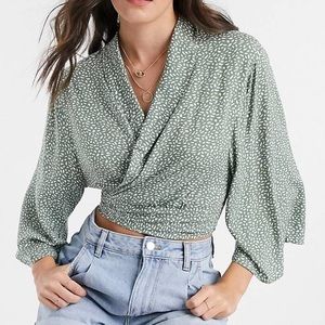 ASOS DESIGN batwing sleeve wrap top in khaki print